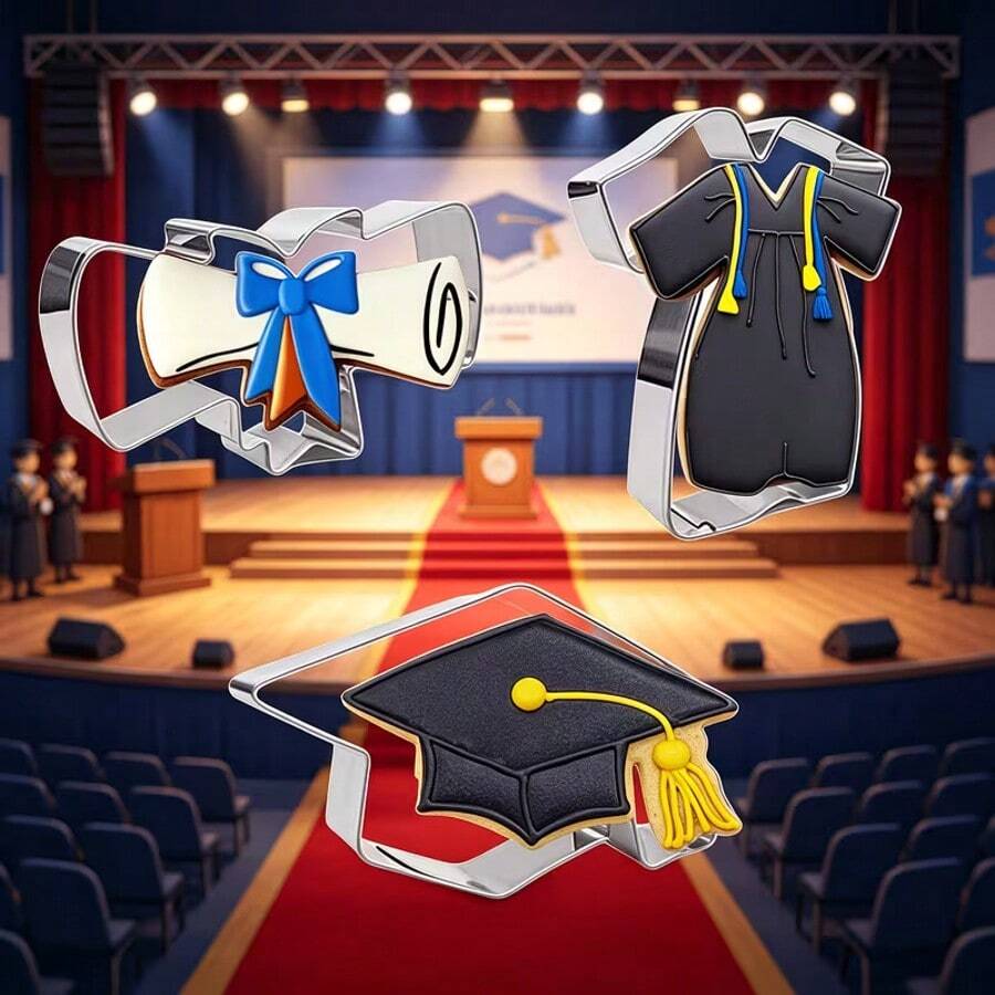 3件/6件套毕业季方帽、毕业证书、学位服不锈钢饼干模具,用于毕业帽蛋糕装饰和切割 - 查看 1