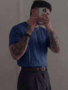 Jersey de punto de cuello redondo de manga corta acanalado para hombre, primavera/verano - Azul marino - Ver 3