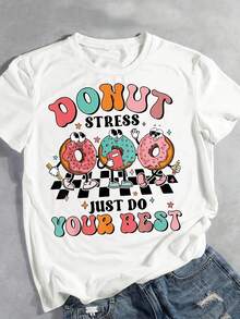 Camiseta de algodón de manga corta para mujer, camiseta con estampado de donut de dibujos animados, top casual de manga corta con cuello redondo para verano y primavera, ropa de mujer - Blanco - Ver 1