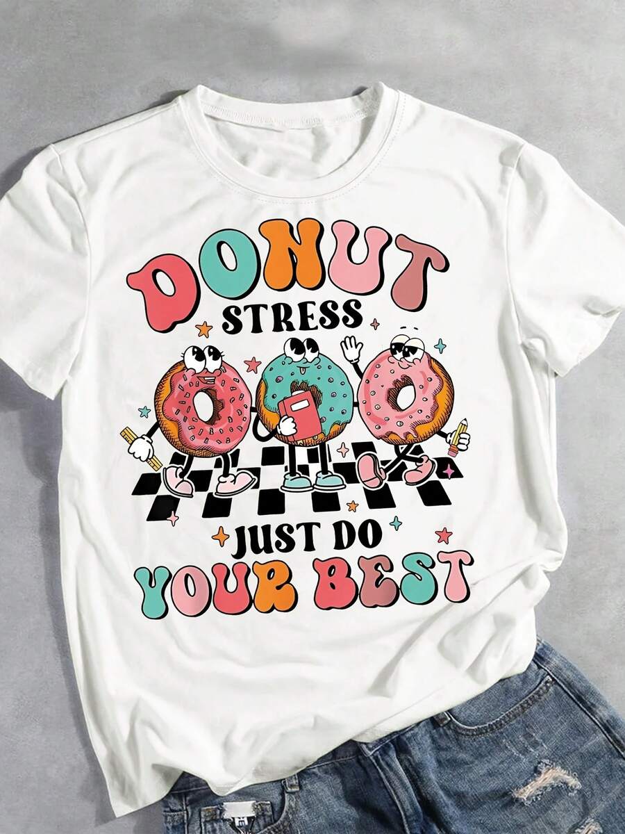 Camiseta de algodón de manga corta para mujer, camiseta con estampado de donut de dibujos animados, top casual de manga corta con cuello redondo para verano y primavera, ropa de mujer - Blanco - Ver 1