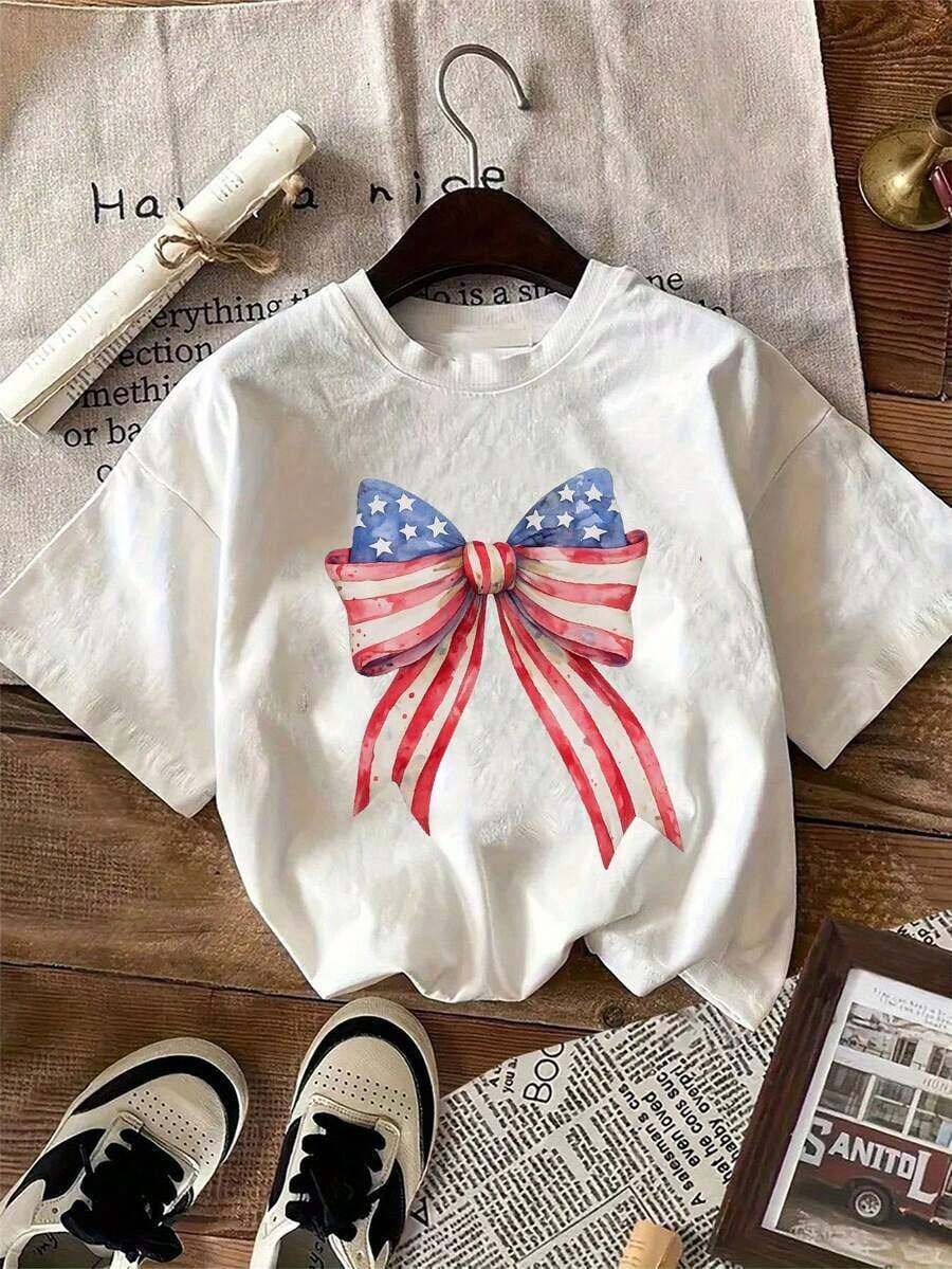 1 Pack Of Printed Short Sleeve Crew Neck T-Shirts For Girls, Casual Summer Clothes For Students And Young People - Unisex Urban Vintage Style, Loose Fit Cotton Crew Neck Short Sleeve T-Shirt - 白色 2 - 查看 1