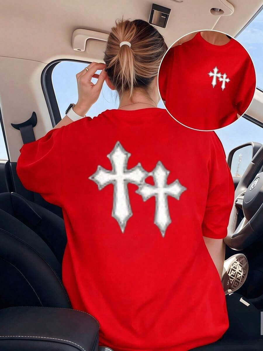 White Crosses Symbolize Strength And Hope, Reflecting Spiritual Balance In Every Artistic Stroke Against A Dark Background That Conveys Inner Serenity. Ladies' Double-Sided T-Shirt, 100% Cotton, 220g, Maija, Elegant Short-Sleeved For Women. - 紅色 - 查看 1