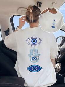 Mystic Eyes Representing Spiritual Protection And Inner Clarity Alongside The Hamsa Hand Symbolizing Positive Energy And Defense Against Negativity, Reflecting Deep Balance And A Lucky Charm. Ladies' Double-Sided T-Shirt, 100% Cotton, Maija, Elegant Short-Sleeved For Women. - 白色 - 查看 9