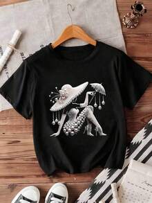 Women's Short-Sleeved T-Shirt With Elegant Pearl Graphic, Casual Everyday Summer Top, Black With White And Pearl Design - 黑色 - 查看 3
