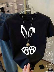 Women's White T-Shirt With Bunny Ears And Paws In Leopard Print,  Animal Print Camisole, Casual Summer Blouse With Cute Bunny Design, Stylish And Fun Top For Everyday Wear Or As A Gift. Women's T-Shirt. Blouses > Elegant. Boho Chic, Round Neck Printed T-Shirt With Cartoon Design. - 黑色1 - 查看 10