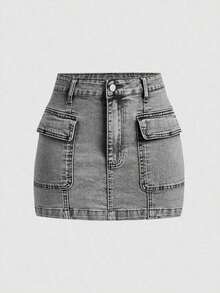 Minifalda de mezclilla cargo con bolsillo tipo flip de moda callejera casual de verano para mujeres - Gris - Ver 5