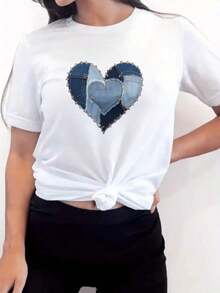 Women's White Denim Heart Print T-Shirt, Round Neck, Casual Summer Fashion For Women. All Kinds Of Prints, Jacket, Round Neck T-Shirt, Casual, For Office, For Travel, Very Popular, Sporty Style, Print/Pattern, 100% Cotton T-Shirt, Casual T-Shirt, Comfortable, Soft, Breathable. The Latest Popular Bestseller - 白色 - 查看 6