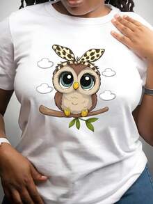 New Fashionable Owl Print T-Shirt For Women, Casual Harajuku Style, Round Neck T-Shirt For Women, Pure Cotton Print T-Shirt For Women. - 白色 - 查看 7