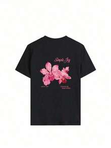Camiseta juvenil de manga corta con estampado floral, de corte holgado, transpirable y cómoda, adecuada para vacaciones de verano, lavable. - Negro - Ver 2