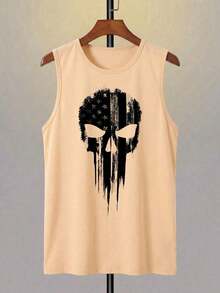 Camiseta casual de cuello redondo para hombre, hecha de tela de punto de poliéster con un ligero estiramiento, ajuste regular, decorada con estampado 3D de calavera y rayas patrióticas en los hombros, una camiseta gráfica novedosa. - Caqui - Ver 2