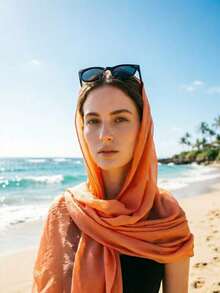 1pc Solid Color Casual Polyester Scarf, Versatile Long Scarf/Neck Wrap/Beach Shawl, Suitable For Spring, Autumn And All Seasons - Orange - View 3