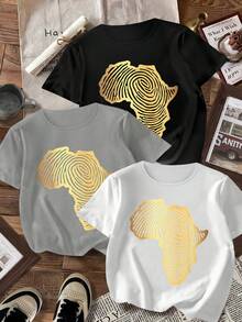 Single Garment, Not A 3-Piece Set, Set Of 1. With A Fingerprint-Effect Map Design Of Africa, Perfect For Parties, Elegant And Stylish, Suitable For Casual Sports Gifts, Soft, Machine Washable, With A Round Neck And Short Sleeves. - màu đen - Xem 1