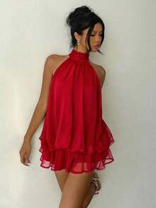 Vestido mini elegante de mujer con cuello halter y lazo en color amarillo claro - Rojo - Ver 7