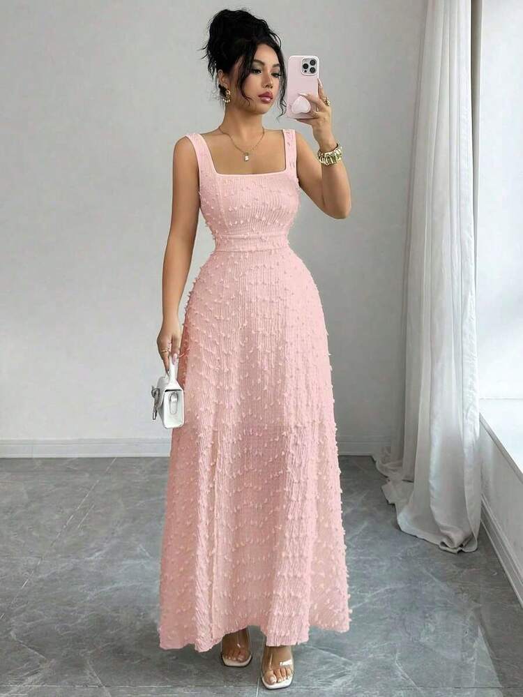 Nuevo vestido de punto texturizado sin mangas con cuello cuadrado y diseño de lazo de mariposa en la espalda abierta, elegante vestido ajustado para - Rosa vieja - Añade 7
