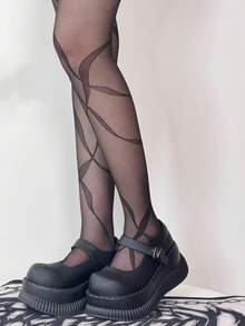 1pc Jacquard Pantyhose For Women, Thin Black Stockings With Criss-Cross Straps, Lightweight For Spring/Summer - Black - View 6
