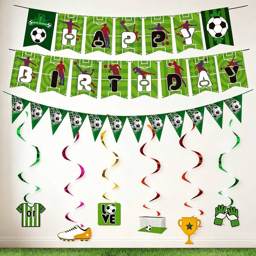 2 Sets/1 Set Green Football Theme Happy Birthday Banner, Football Sports Birthday Party DIY Hanging Decoration Supplies - Multicolor - View 1