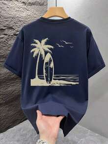 1 Piece Men's Graphic Print T-Shirt, Summer Beachwear, Loose Fit Short Sleeve T-Shirt. This Men's T-Shirt Has A Casual, Vacation-Style Design, Perfect For Beach Getaways As Well As Everyday Wear. - 藏蓝色 - 查看 2