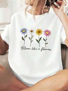 1 pieza de camiseta casual de verano para mujer con estampado floral, hecha de algodón suave, ajuste cómodo, estilo hip hop urbano, cómoda, con estampado artístico. 180g 100% algodón. - Blanco - Ver 6