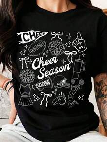 1 Women's And Girls' American Football Cheerleader T-Shirt With Pom-Pom, Megaphone, And "Touchdown" Design, Perfect For Cheerleading Events And Sports Games. 180g 100% Cotton. - 黑色 - 查看 7