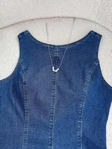 Vestido de mezclilla sin mangas con cuello redondo, espalda descubierta y atar atrás, para mujer en verano - Azul lavado oscuro - Ver 5