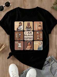 Women's Clothing: Unisex White Short-Sleeved T-Shirt With Female Icon Graphics And "I Am" Text, Comfortable Casual Cotton T-Shirt Suitable For Everyday Wear And Celebratory Events, Available In Multiple Sizes, Women's Shirts - 黑色 - 查看 2