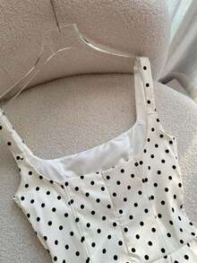 Vestido largo de tirantes finos con estampado de lunares en estilo vintage francés para playa y vacaciones - Blanco - Ver 4