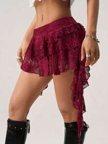 ICON Minifalda con short de  para prevenir la exposición, de talle bajo, estilo vacacional, informal, sexy, de encaje blanco con volantes en el bajo - Burdeos - Ver 4