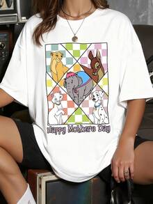 Animales adorables que simbolizan ternura y amor maternal en un colorido fondo de cuadros con mensaje Happy Mother's Day camiseta para mujer cómoda y moderna - Blanco - Ver 1