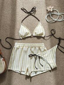Swim Vcay Set de 3 piezas de cubrecosturas de crochet con cordón estilo boho para bikini - Amarillo claro - Ver 1