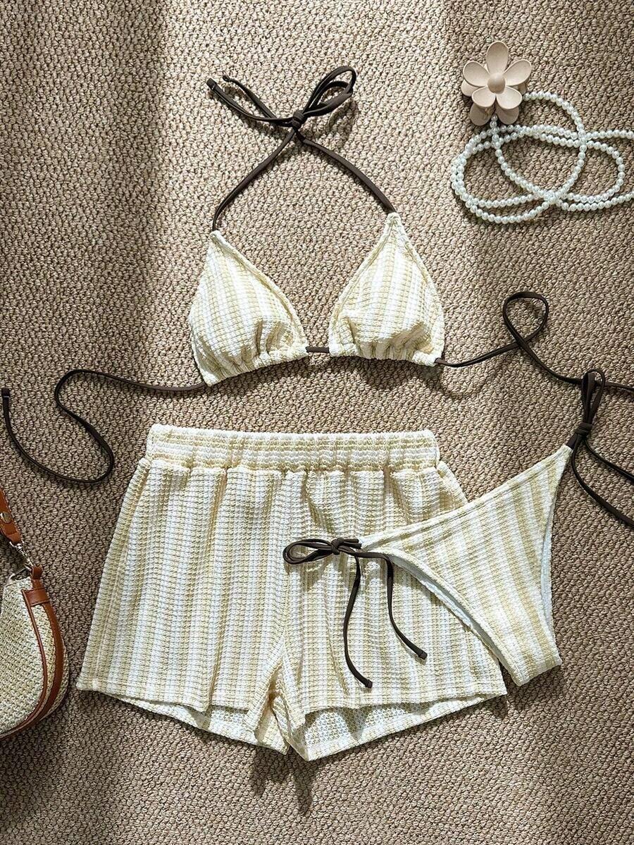 Swim Vcay Set de 3 piezas de cubrecosturas de crochet con cordón estilo boho para bikini - Amarillo claro - Ver 1