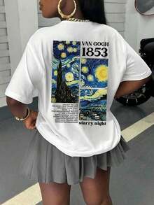 Women's Casual T-Shirt With A Tribute To Van Gogh's Masterpiece "Starry Night" And A Numerical Design From 1853, Summer - 白色的 - 查看 4