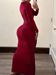 Vestido casual de mujer de unicolor y ajuste ceñido, para verano - Burdeos - Ver 2
