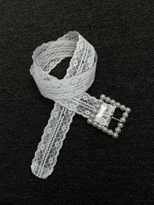 1 pieza Cinturón de encaje de diseño versátil de moda para mujer, accesorio para faldas y jeans - Blanco - Ver 4