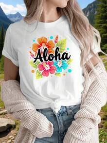 Women's Casual Sports T-Shirt, Round Neck, Aloha Style, Modern Design, Hawaiian Style, Floral Print, Knotted Design, Vacation Wear, Hawaiian, Flowers, Comfortable Top For All Seasons - Unisex Vintage Urban Style T-Shirt, Loose Fit, Cotton, Short Sleeve And Round Neck - 黑色 - 查看 7