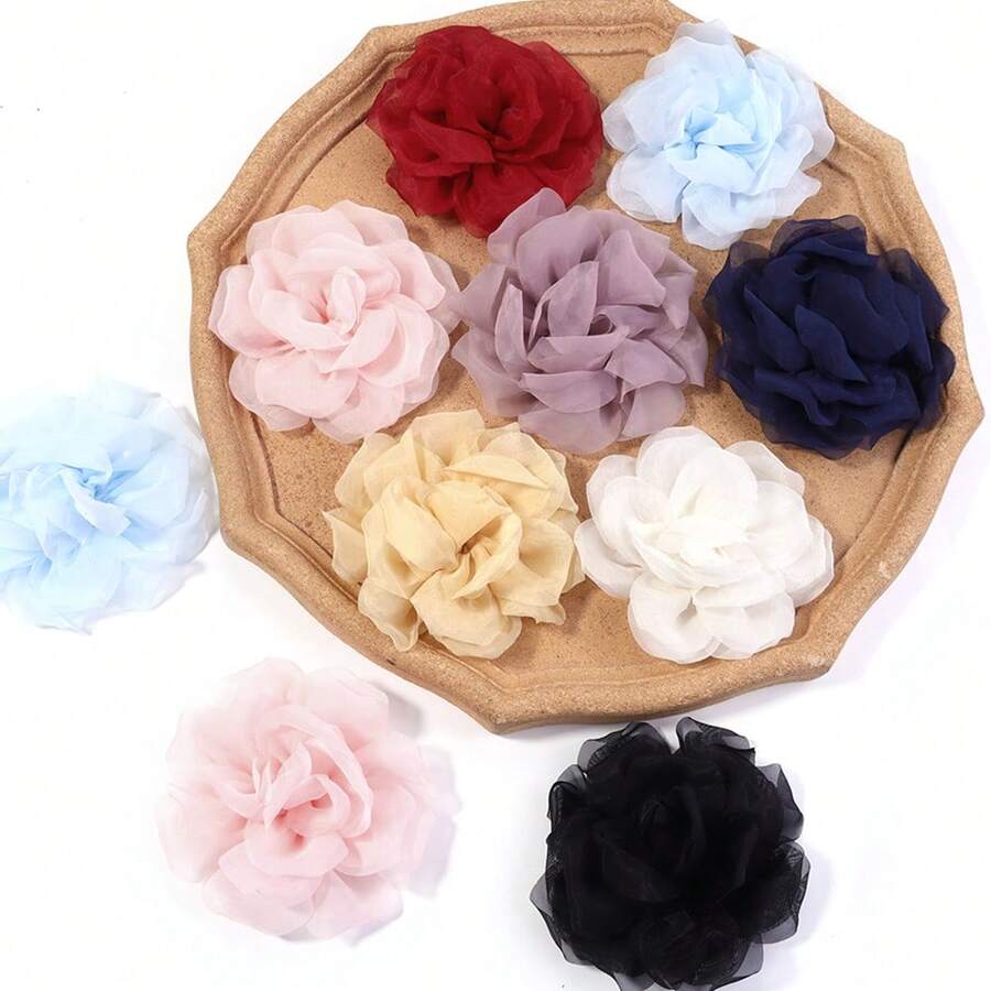 2件/包 双层网纱花卉 10厘米 彩色欧根纱大玫瑰花贴花，飘逸服饰配饰，DIY发饰，婚礼胸针