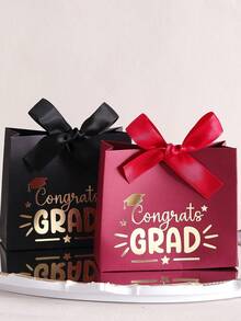 15 piezas Caja de regalo con estampado de oro para la temporada de graduación, diseño de estampado de oro "Congrats Grad", fondo blanco con patrón dorado para celebración de recuerdo, empaque de favor de fiesta con lazo, bolsa conmemorativa con textura metálica, decoración de ambiente festivo - Ver 5