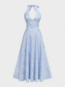 Elegant French Retro Jacquard V-Neck Romantic Charm Date Party Birthday Plus Size Spaghetti Strap Casual Dress Summer - Blue - View 5