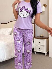 SANRIO 两件套 Hello Kitty 图案女士睡衣套装，柔软短袖上衣和长裤，可爱舒适的家居服 - 淡紫色 - 查看 1