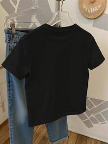 Solt 1pscMujer Casual Camiseta con Estampado de Corazón Trazado Diseño Artístico Tejido Suave Color Sólido Corte Holgado Cuello Redondo Manga Corta Primavera Verano Diario Playera100%cotton graphic - Negro - Ver 2