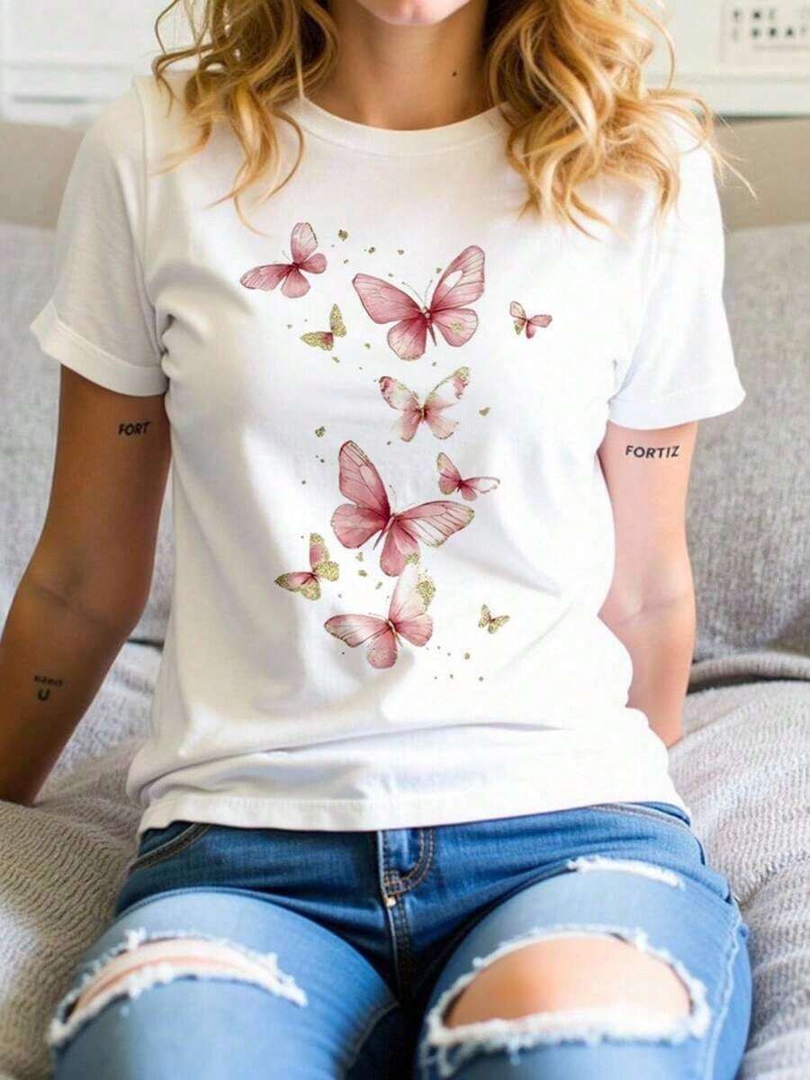 Playera básica mujer dama cuello redondo manga corta estampado grafico DE MARIPOSAS MARIPOSA BUTTERFLY graphic Textura Suave Fortiz - Blanco - Ver 1