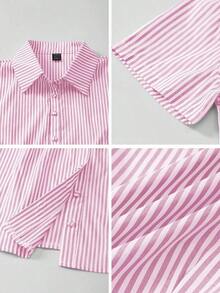 Blusa elegante de oficina de corte ajustado con rayas amarillas y blancas de manga corta, para uso universitario, camisa a rayas azules, camisas de verano para mujer - Rosa - Ver 10