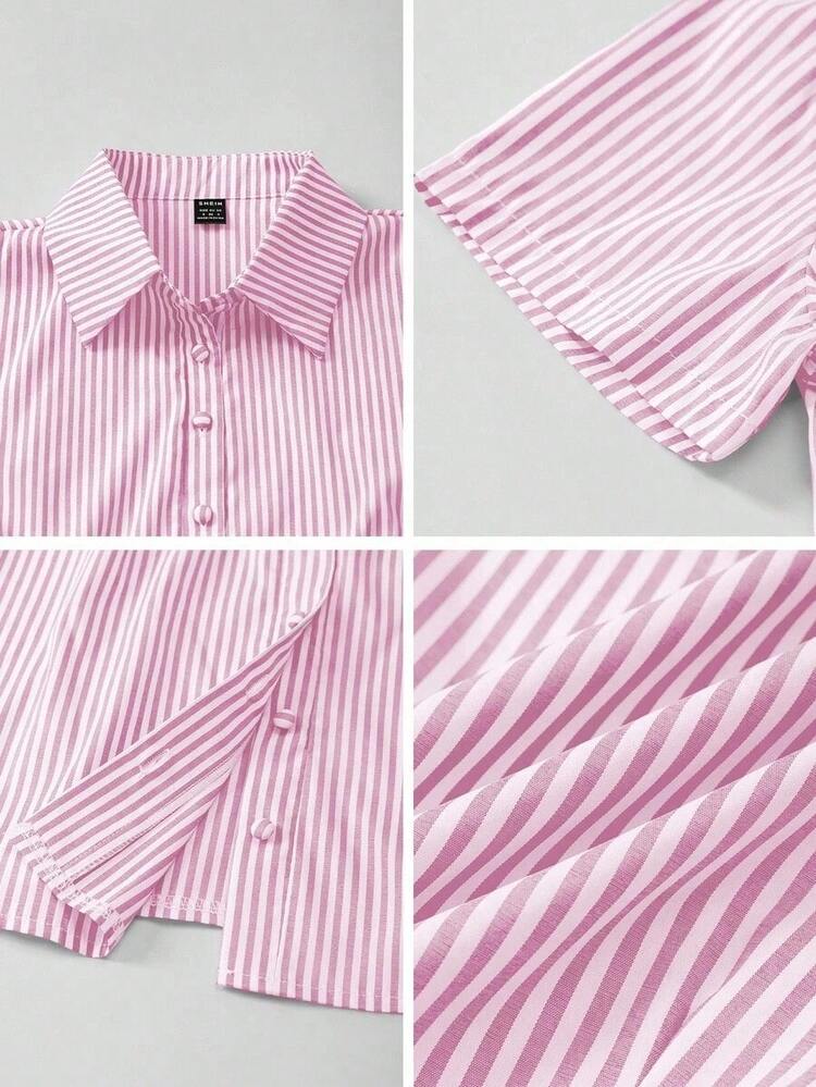 Blusa elegante de oficina de corte ajustado con rayas amarillas y blancas de manga corta, para uso universitario, camisa a rayas azules, camisas de verano para mujer - Rosa - Añade 10