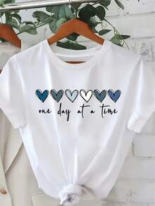 Women's "One Day At A Time" Short Sleeve Cotton T-Shirt; Heart Print T-Shirt, Round Neck, Short Sleeve, Casual Style For Summer And Spring, Women's Clothing. - 白色 - 查看 1