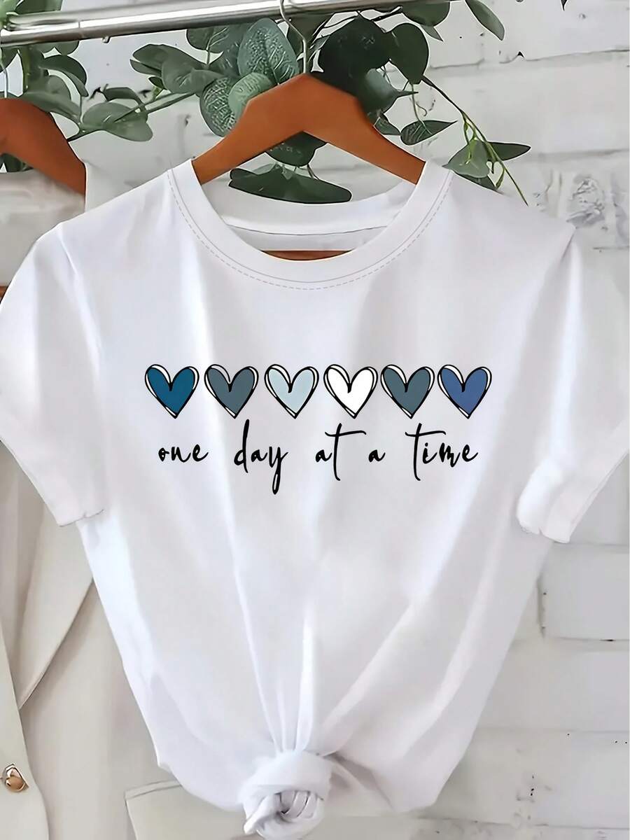 Women's "One Day At A Time" Short Sleeve Cotton T-Shirt; Heart Print T-Shirt, Round Neck, Short Sleeve, Casual Style For Summer And Spring, Women's Clothing. - 白色 - 查看 1