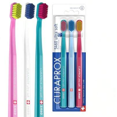 Curaprox CS 5460 Ultra-Soft Toothbrush For Sensitive Teeth And Gums Nylon Bristles Random Colour Gentle Plaque Removal 3-Pack