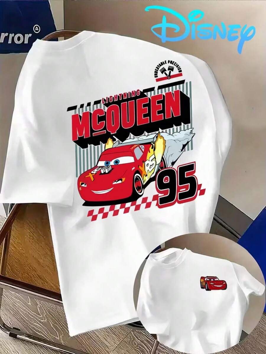 1 Piece, Disney Men's T-Shirt, Disney Printed "Car Story" Lightning McQueen Cartoon Theme Series Men's Casual Short-Sleeved T-Shirt, Round Neck Casual Comfortable T-Shirt, Breathable And Light, Suitable For Sports And Leisure Wear, Loose T-Shirt, Suitable For Gifts, Suitable For Travel And Party Wear. - trắng - Xem 1
