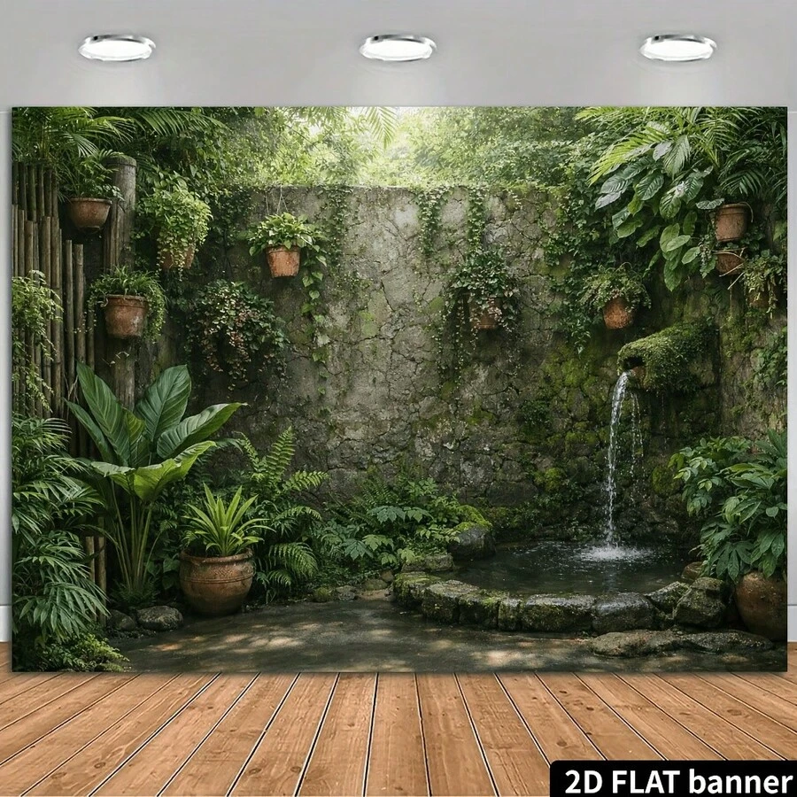 2D Flat Stone Wall Bamboo Forest Waterfall Backdrop, Ivy Green Plants Ceramic Pot Moss Rocks Aquatic Scene, Natural Mori Style, High Definition Printing, Polyester Material, No Power Required, Suitable For Indoor And Outdoor Use - 27 - View 1