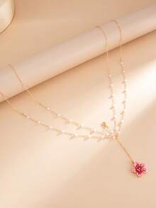 1pc Sexy Geometric Chain Pearl Tassel Pendant Bikini Chain, Luxury Resort Party Necklace, Unisex Multifunctional Body Chain, Suitable For Street Style - Pink Flowers - View 5