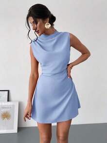 Vestido mini plisado de línea A con volantes, elegante, minimalista, delicado, romántico, para uso diario, viajes, boda, fiesta, festival de música, vacaciones, color rojo - Azul - Ver 2