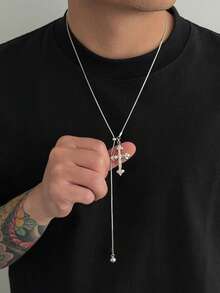 1 pieza Collar con colgante de cruz de moda casual, collar ajustable en forma de Y, adecuado para el uso diario de los hombres, regalo para hombres, regalo para el Día del Padre - Plateado - Ver 1